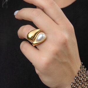 Gold and Pearl Wavy Ring